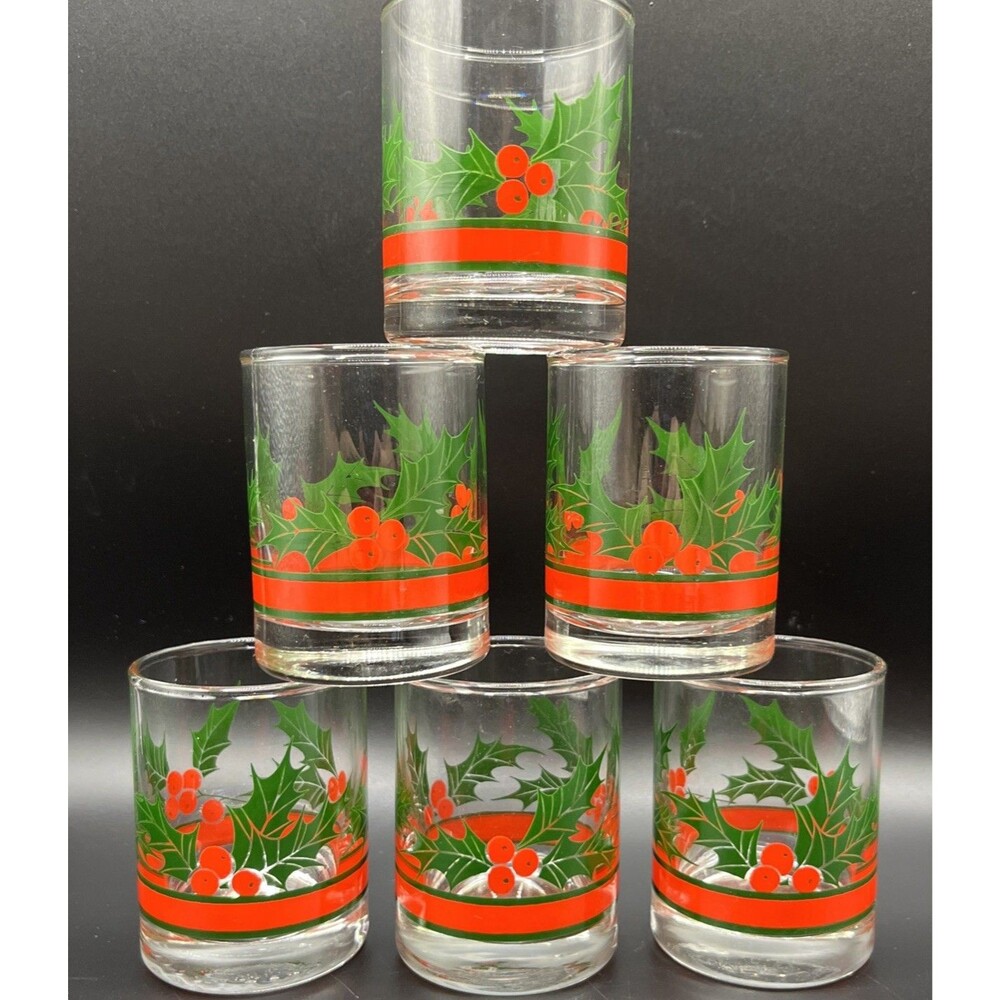 Set of 6 VNTG Libby Christmas Holly Berry Shot Glasses